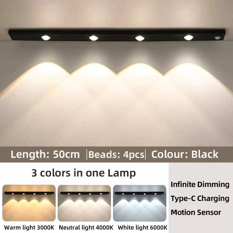 Wireless Ultra Thin Motion Sensor LED Cabinet Light Dimmable Lamp USB Rechargeable 3 Colors for Kitchen Wardrobe Bedroom Stairs