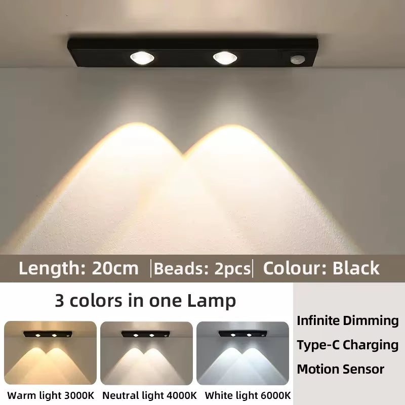 Wireless Ultra Thin Motion Sensor LED Cabinet Light Dimmable Lamp USB Rechargeable 3 Colors for Kitchen Wardrobe Bedroom Stairs
