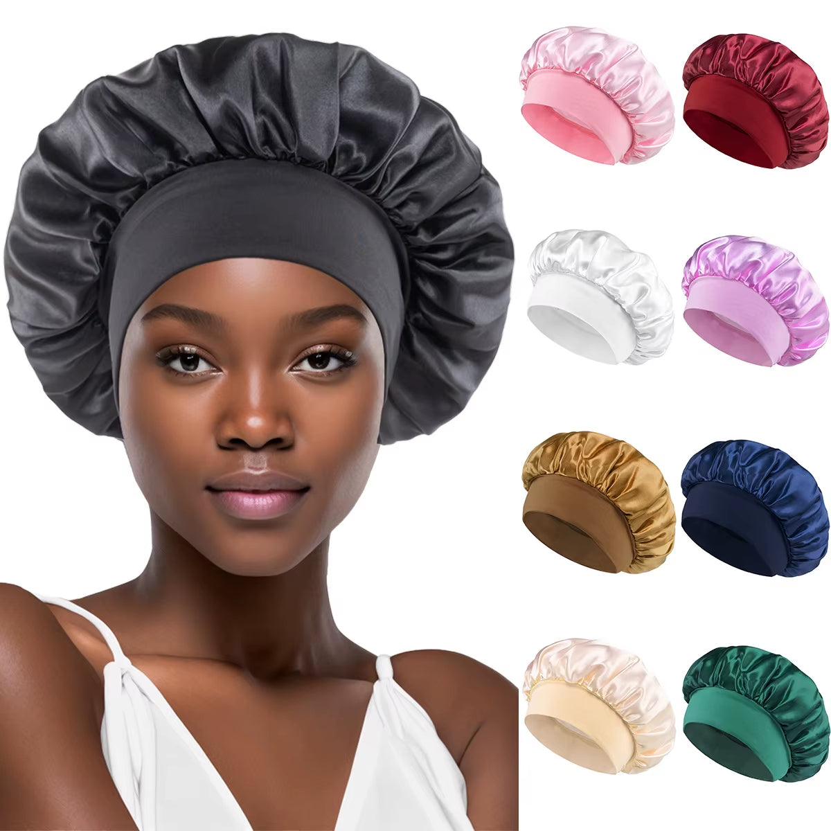 1PC Women'S Satin Solid Bonnets Wide-Brimmed Night Sleeping Bathing Hat Unisex Head Wrap Elastic Band Cap Hair Care Bonnet.