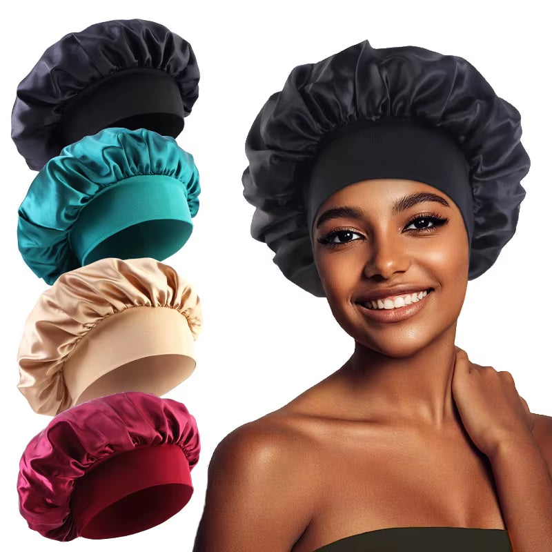1PC Women'S Satin Solid Bonnets Wide-Brimmed Night Sleeping Bathing Hat Unisex Head Wrap Elastic Band Cap Hair Care Bonnet.