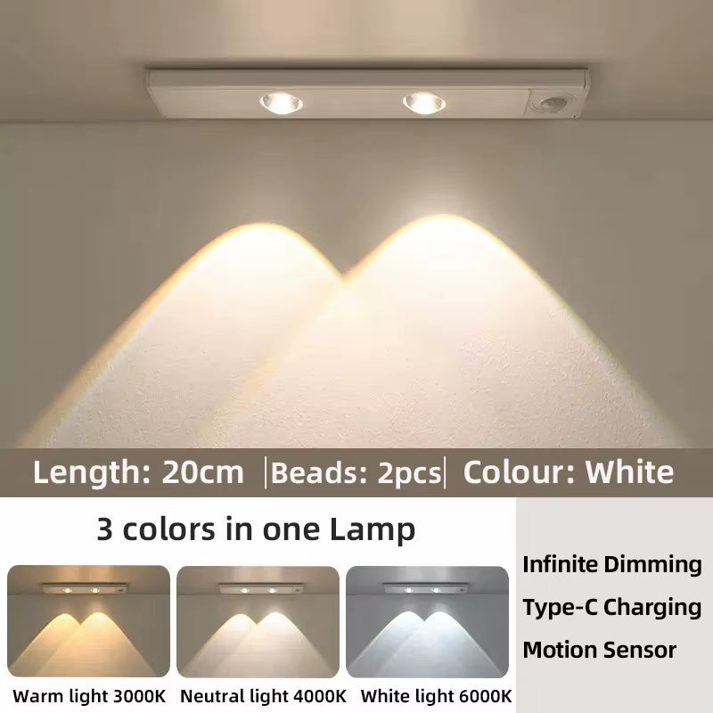 Wireless Ultra Thin Motion Sensor LED Cabinet Light Dimmable Lamp USB Rechargeable 3 Colors for Kitchen Wardrobe Bedroom Stairs