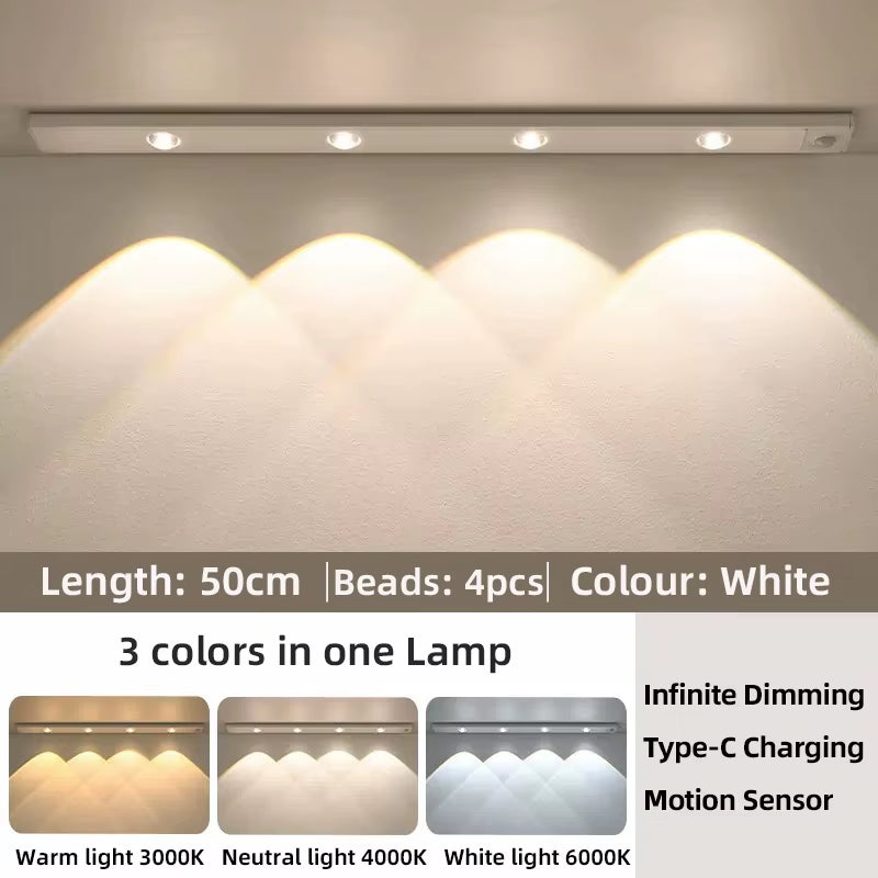 Wireless Ultra Thin Motion Sensor LED Cabinet Light Dimmable Lamp USB Rechargeable 3 Colors for Kitchen Wardrobe Bedroom Stairs