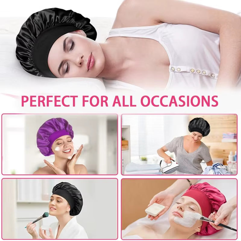 1PC Women'S Satin Solid Bonnets Wide-Brimmed Night Sleeping Bathing Hat Unisex Head Wrap Elastic Band Cap Hair Care Bonnet.