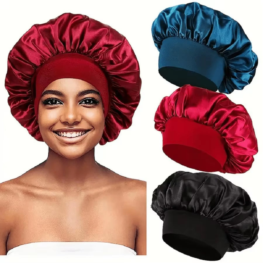 1PC Women'S Satin Solid Bonnets Wide-Brimmed Night Sleeping Bathing Hat Unisex Head Wrap Elastic Band Cap Hair Care Bonnet.